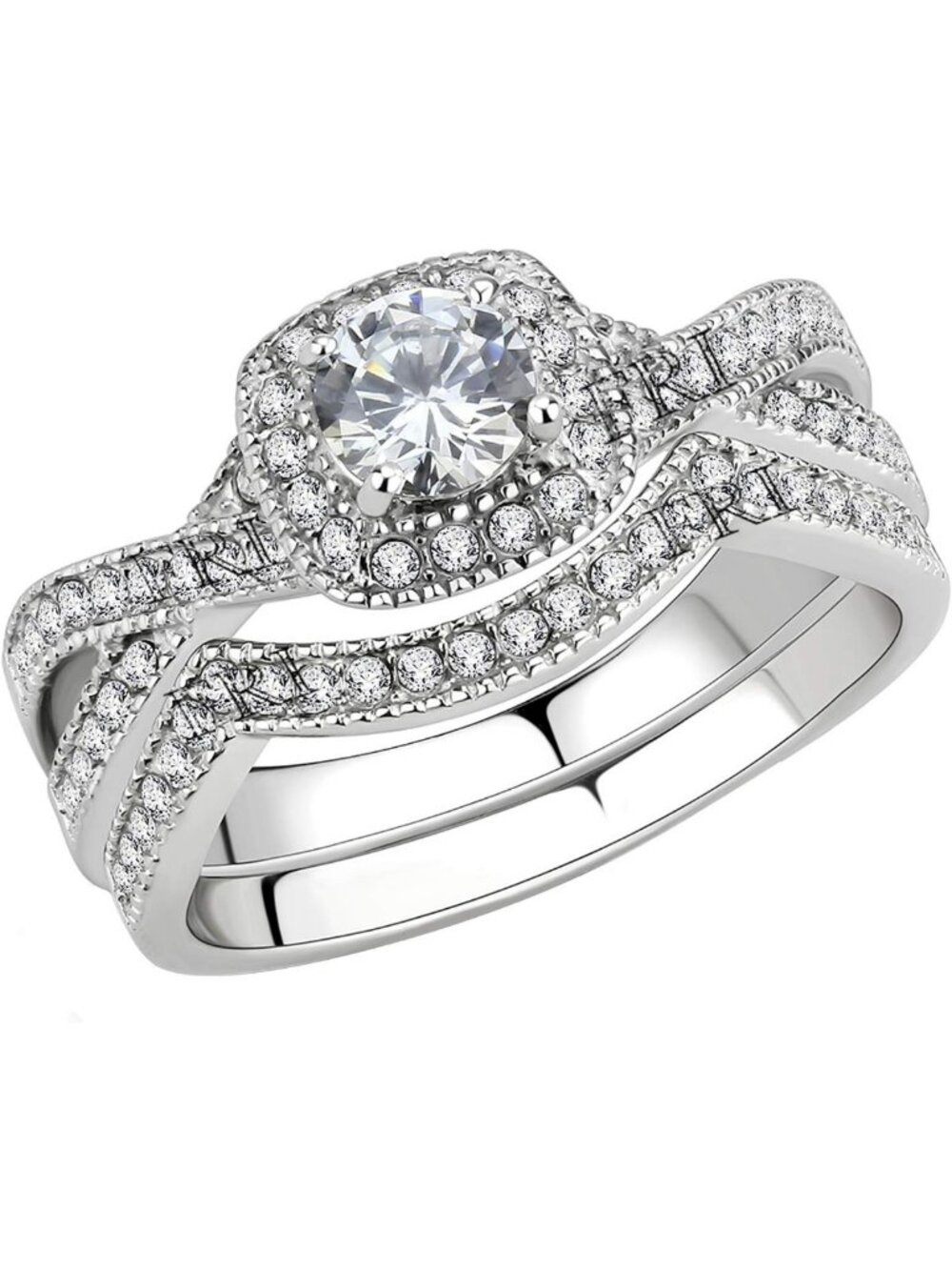 Elegant Infinity Stainless Steel Wedding Ring Set with CZ Halo Engagement